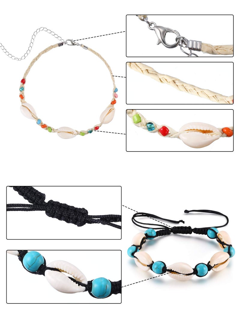 meekoo 4 Pcs Galentines Day Natural Cowrie Shell Ankle Bracelets Seashell Crochet Ankle Bracelet Handmade Boho Anklet Jewelry Adjustable Shell Bead Anklet for Women Hawaii Beach Parties(Style B) - Image 2